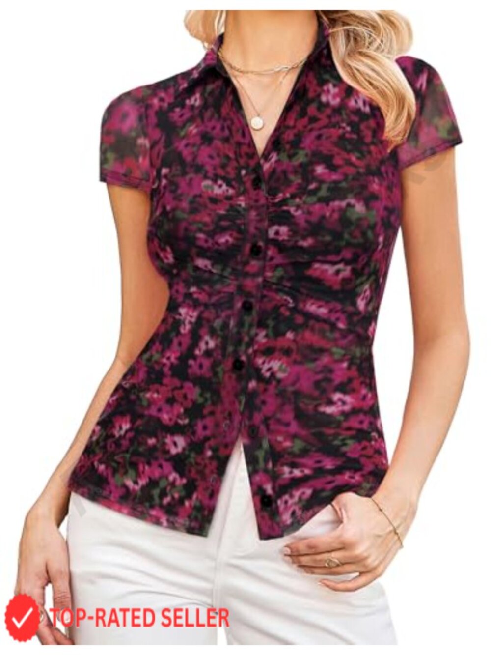 Women Mesh Floral Blouse V-Neck Ruching Short Sleeve Work Top